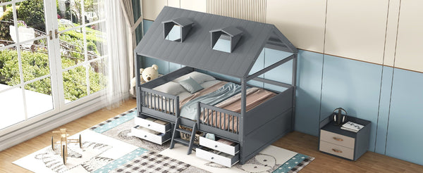 English Elm Full Size House Bed Frame Solid Wood with Storage Drawers Peaked Roofline Kids Playhouse Gray LP000466AAE-1