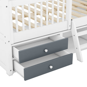 English Elm Full Size House Bed Frame Solid Wood with Storage Drawers Peaked Roofline Kids Playhouse White LP000466AAK-1