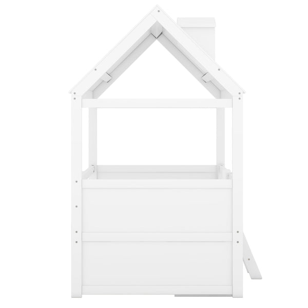 English Elm Twin House Bed Solid Wood Frame with Skylights Ladder Storage Drawers Kids Room White LP000465AAK-1