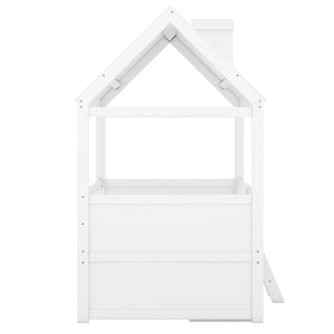 English Elm Twin House Bed Solid Wood Frame with Skylights Ladder Storage Drawers Kids Room White LP000465AAK-2