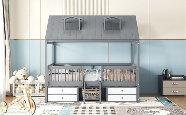 English Elm Full Size House Bed Frame Solid Wood with Storage Drawers Peaked Roofline Kids Playhouse Gray LP000466AAE-1