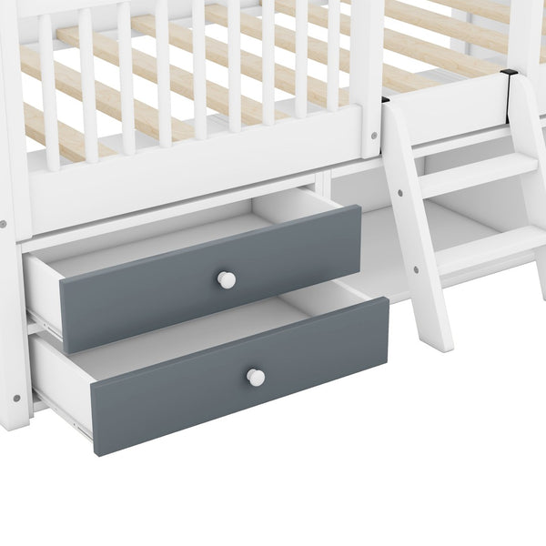 English Elm Twin House Bed Solid Wood Frame with Skylights Ladder Storage Drawers Kids Room White LP000465AAK-2
