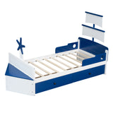 English Elm Twin Size Boat-Shaped Platform Bed With 2 Drawers ,Twin Bed With Storage For Bedroom,Blue