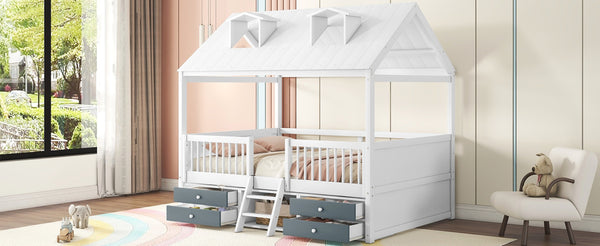 English Elm Full Size House Bed Frame Solid Wood with Storage Drawers Peaked Roofline Kids Playhouse White LP000466AAK-1