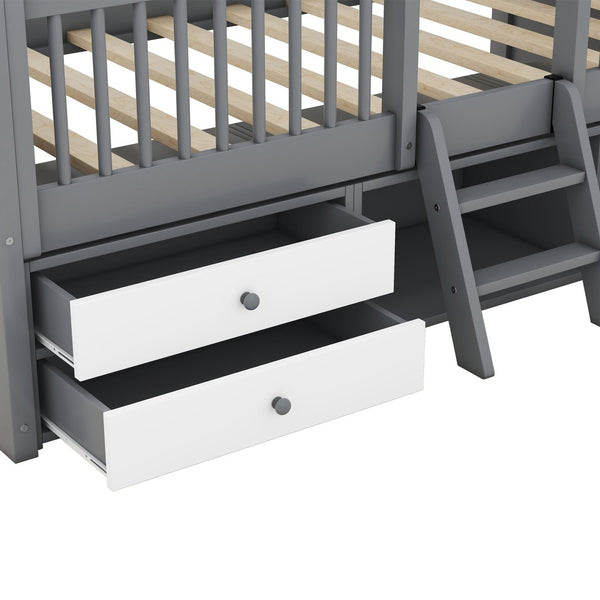 English Elm Twin House Bed Solid Wood Frame with Skylights Ladder Storage Drawers Kids Room Gray LP000465AAE-2