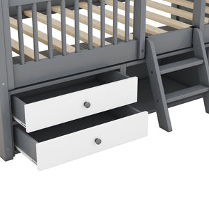 English Elm Twin House Bed Solid Wood Frame with Skylights Ladder Storage Drawers Kids Room Gray LP000465AAE-1