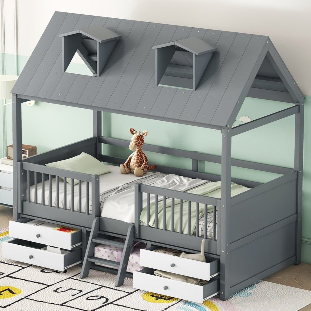 English Elm Twin House Bed Solid Wood Frame with Skylights Ladder Storage Drawers Kids Room Gray LP000465AAE-1