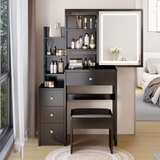 Left Bedside Vanity Table, Stool, LED Mirror, Multi-Layer Storage