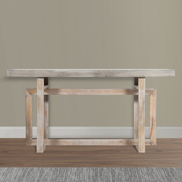 English Elm 59 Inch Artisan Sideboard Console Table with Mango Wood Top, Distressed Gray Farmhouse Elegance, Geometric Base B056P158050