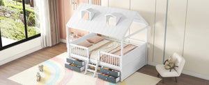English Elm Full Size House Bed Frame Solid Wood with Storage Drawers Peaked Roofline Kids Playhouse White LP000466AAK-1