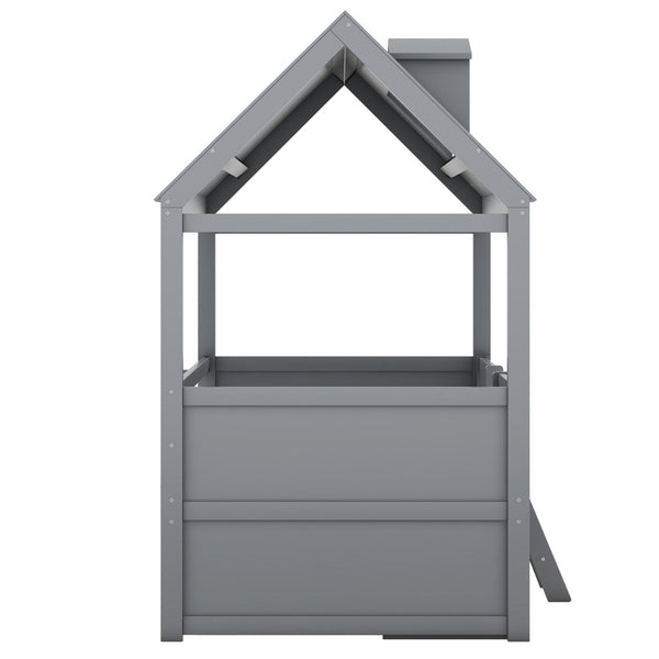 English Elm Twin House Bed Solid Wood Frame with Skylights Ladder Storage Drawers Kids Room Gray LP000465AAE-2