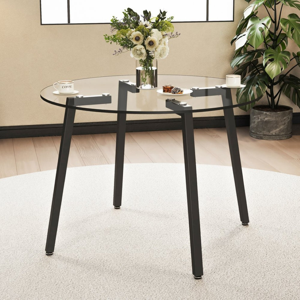 English Elm Modern Round Tempered Glass Dining Table with Black Metal Legs Seats Four W1151138123