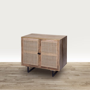 English Elm 35 Inch Handcrafted Accent Cabinet with Mesh Rattan Doors, Black Iron Sled Base, Natural Mango Wood Grain Finish B056P158057