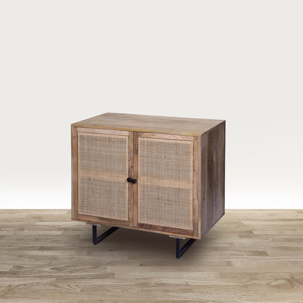 English Elm 35 Inch Handcrafted Accent Cabinet with Mesh Rattan Doors, Black Iron Sled Base, Natural Mango Wood Grain Finish B056P158057