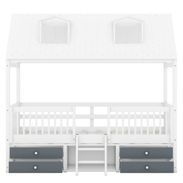 English Elm Twin House Bed Solid Wood Frame with Skylights Ladder Storage Drawers Kids Room White LP000465AAK-1