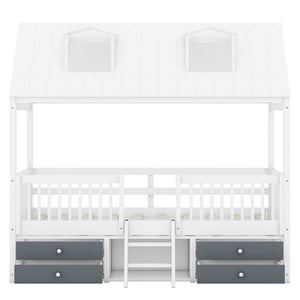 English Elm Twin House Bed Solid Wood Frame with Skylights Ladder Storage Drawers Kids Room White LP000465AAK-2