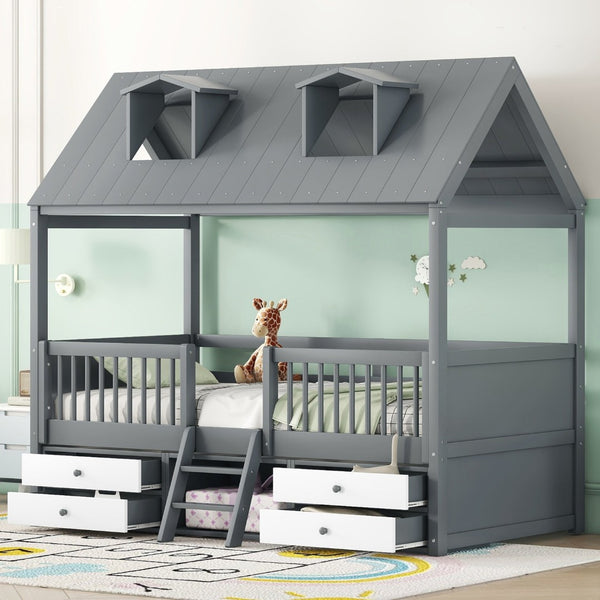 English Elm Twin House Bed Solid Wood Frame with Skylights Ladder Storage Drawers Kids Room Gray LP000465AAE-2