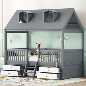 English Elm Twin House Bed Solid Wood Frame with Skylights Ladder Storage Drawers Kids Room Gray LP000465AAE-1