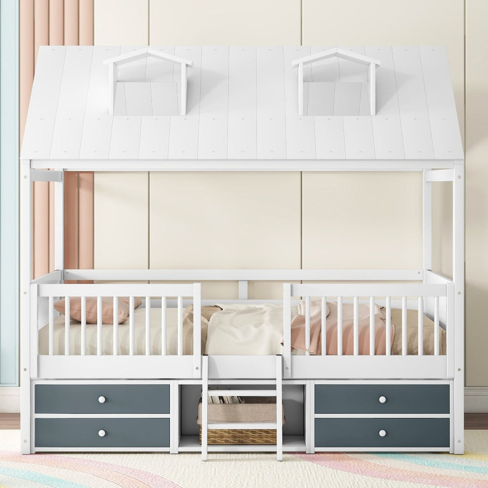 English Elm Full Size House Bed Frame Solid Wood with Storage Drawers Peaked Roofline Kids Playhouse White LP000466AAK-1
