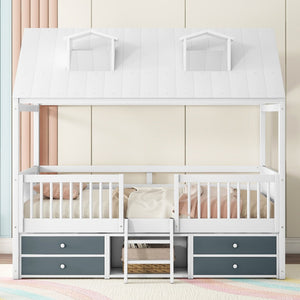 English Elm Full Size House Bed Frame Solid Wood with Storage Drawers Peaked Roofline Kids Playhouse White LP000466AAK-1