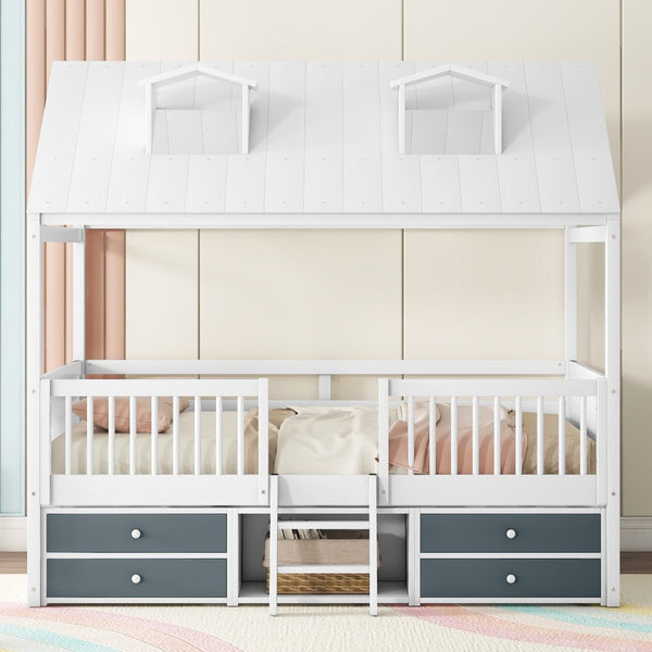 English Elm Full Size House Bed Frame Solid Wood with Storage Drawers Peaked Roofline Kids Playhouse White LP000466AAK-1