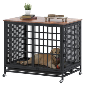 English Elm 42 Inch Heavy Duty Extra Large Dog Crate Furniture For Large Medium Dog With Removable Trays, 3 Door, 4 Lockable Wheels & 5 Locks, Xl Dog Crate Dog Kennel Furniture Indoor