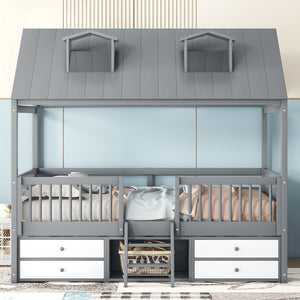 English Elm Full Size House Bed Frame Solid Wood with Storage Drawers Peaked Roofline Kids Playhouse Gray LP000466AAE-1