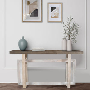 English Elm 59 Inch Artisan Sideboard Console Table with Mango Wood Top, Distressed Gray Farmhouse Elegance, Geometric Base B056P158050