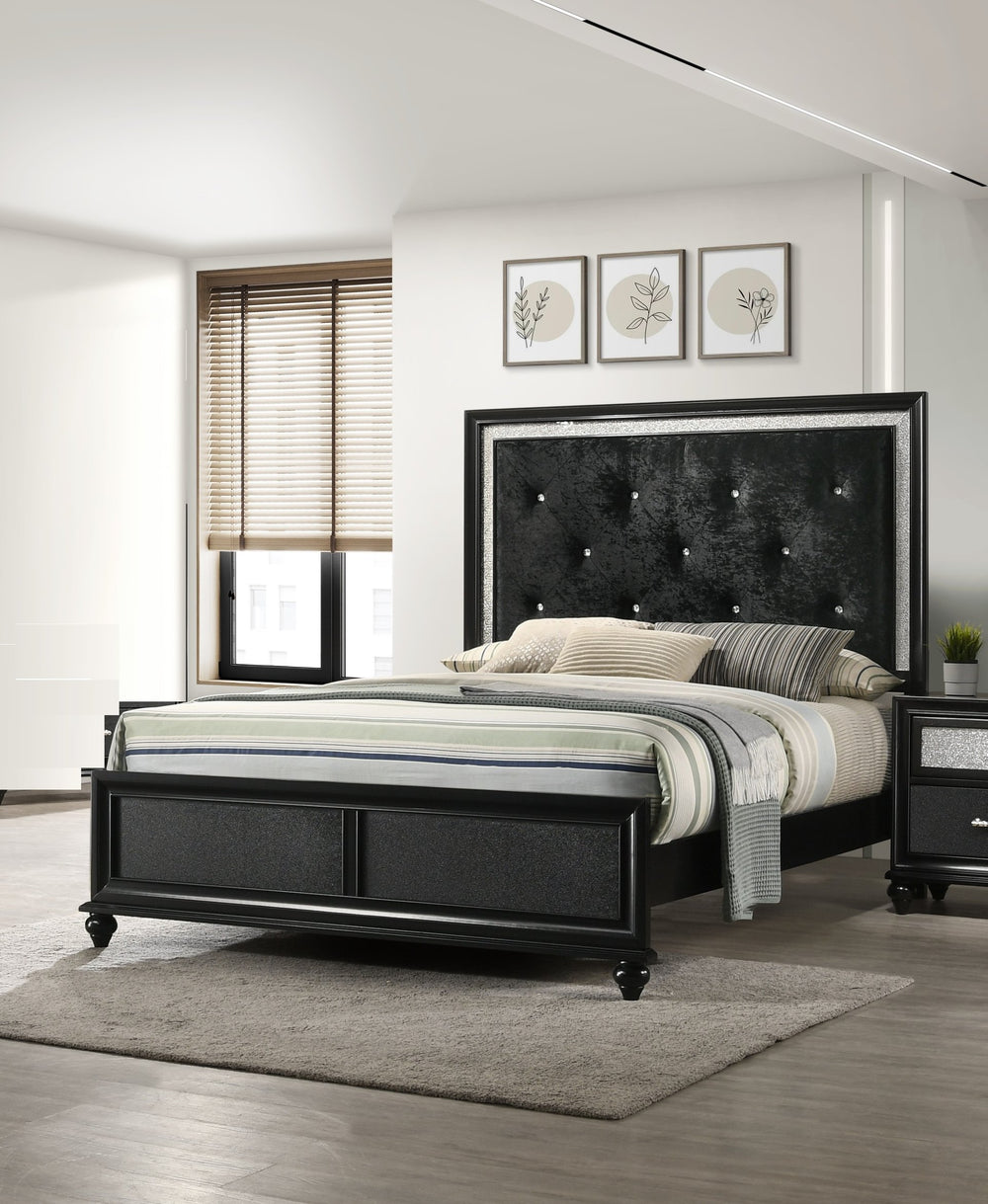 English Elm Modern Glam Upholstered Headboard Queen Bed with LED Lighting and Mirrored Accent Trim for Luxe Bedroom Décor Black 83.4 L x 40.63 W x 6.34 H B011S00741