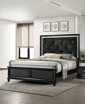English Elm Modern Glam Upholstered Headboard Queen Bed with LED Lighting and Mirrored Accent Trim for Luxe Bedroom Décor Black 83.4 L x 40.63 W x 6.34 H B011S00741