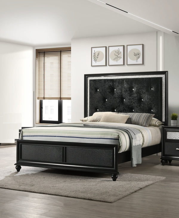 English Elm Modern Glam Upholstered Headboard Queen Bed with LED Lighting and Mirrored Accent Trim for Luxe Bedroom Décor Black 83.4 L x 40.63 W x 6.34 H B011S00741