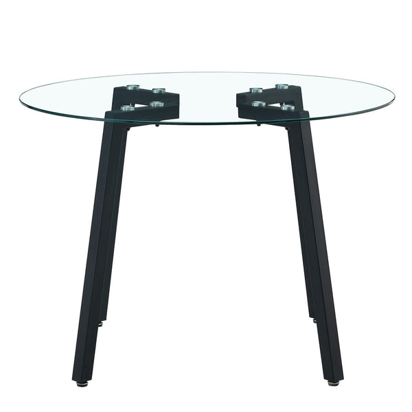 English Elm Modern Round Tempered Glass Dining Table with Black Metal Legs Seats Four W1151138123