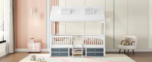 English Elm Full Size House Bed Frame Solid Wood with Storage Drawers Peaked Roofline Kids Playhouse White LP000466AAK-1