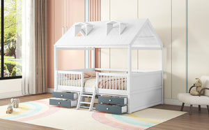 English Elm Full Size House Bed Frame Solid Wood with Storage Drawers Peaked Roofline Kids Playhouse White LP000466AAK-1