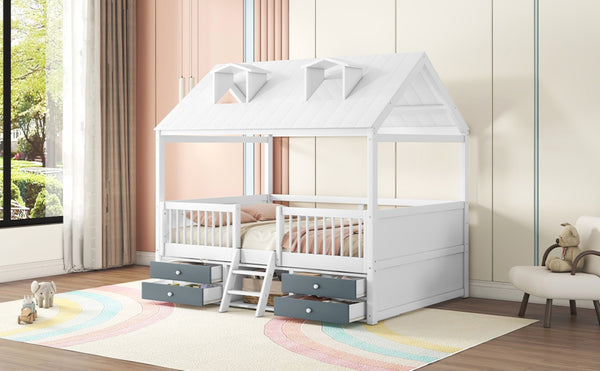 English Elm Full Size House Bed Frame Solid Wood with Storage Drawers Peaked Roofline Kids Playhouse White LP000466AAK-1