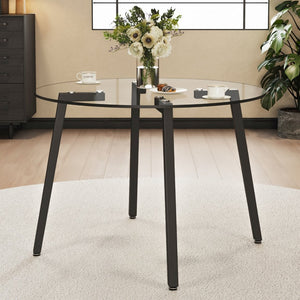 English Elm Modern Round Tempered Glass Dining Table with Black Metal Legs Seats Four W1151138123