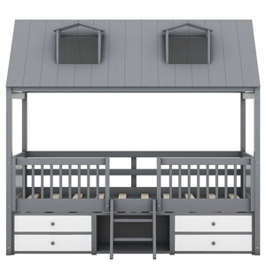 English Elm Twin House Bed Solid Wood Frame with Skylights Ladder Storage Drawers Kids Room Gray LP000465AAE-1