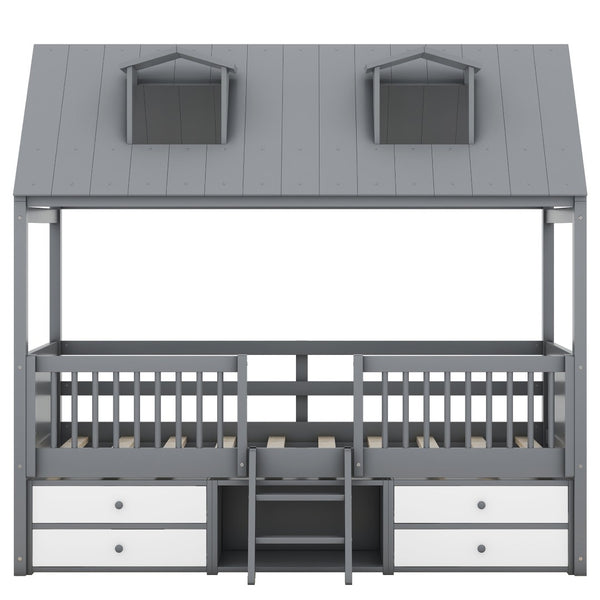 English Elm Twin House Bed Solid Wood Frame with Skylights Ladder Storage Drawers Kids Room Gray LP000465AAE-1