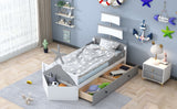 English Elm Twin Size Boat-Shaped Platform Bed With 2 Drawers,Twin Bed With Storage For Bedroom,Gray