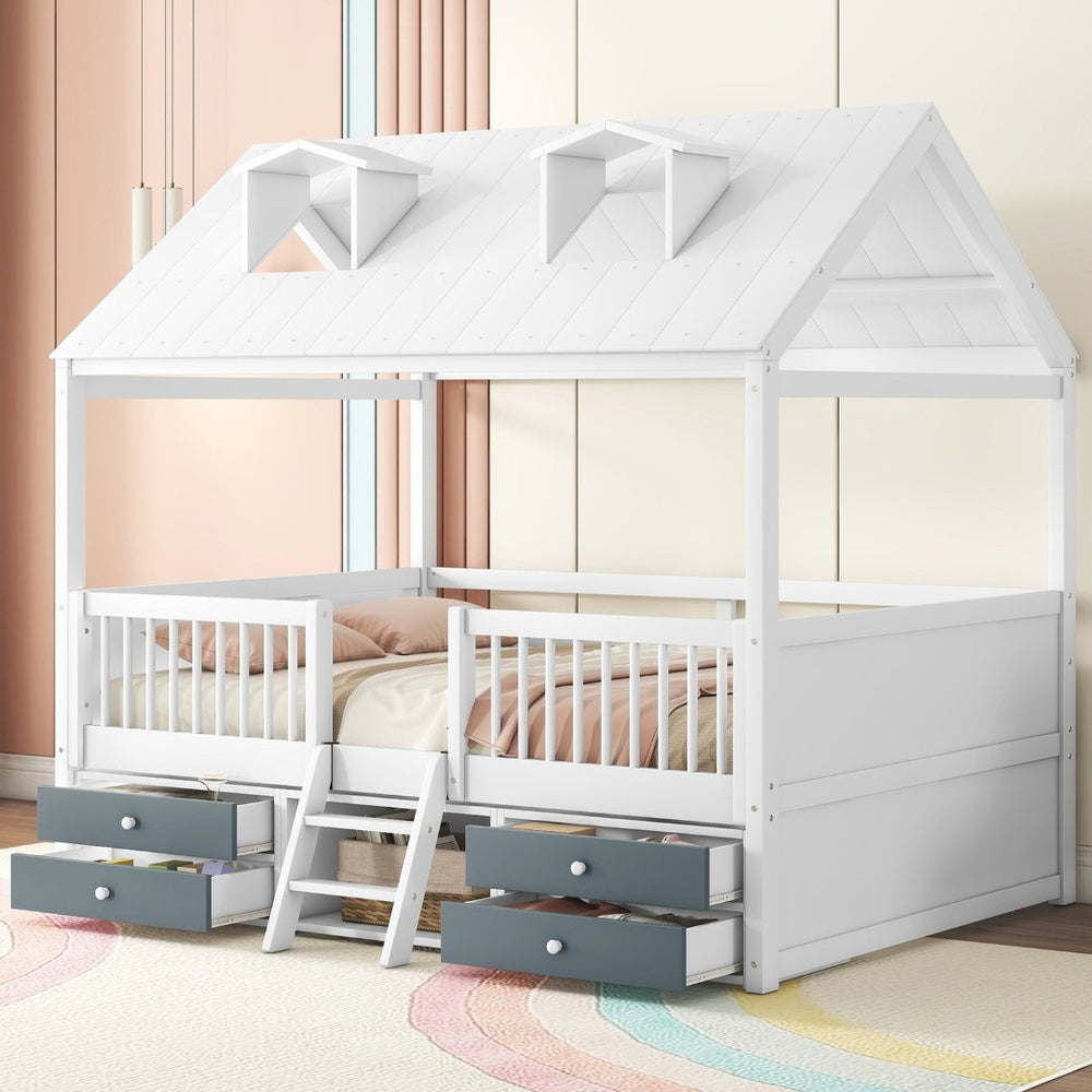 English Elm Full Size House Bed Frame Solid Wood with Storage Drawers Peaked Roofline Kids Playhouse White LP000466AAK-1