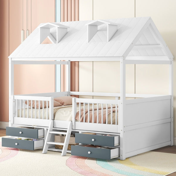 English Elm Full Size House Bed Frame Solid Wood with Storage Drawers Peaked Roofline Kids Playhouse White LP000466AAK-1