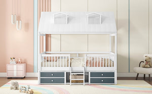 English Elm Full Size House Bed Frame Solid Wood with Storage Drawers Peaked Roofline Kids Playhouse White LP000466AAK-1