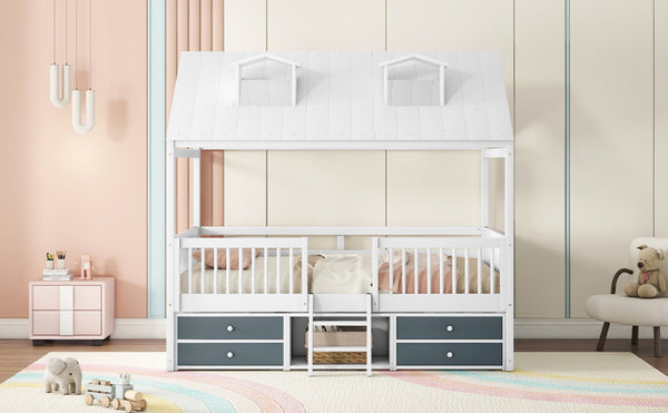 English Elm Full Size House Bed Frame Solid Wood with Storage Drawers Peaked Roofline Kids Playhouse White LP000466AAK-1