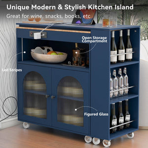 English Elm K&K Rolling Kitchen Island with LED Lighting, Power Outlets, Fluted Glass Doors and Mobile Storage Hub Navy Blue WF316018AAN