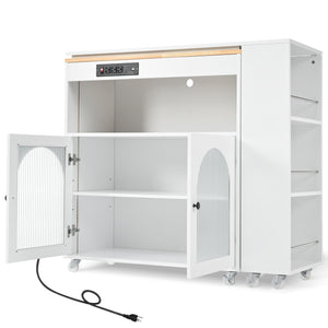 English Elm K&K Rolling Kitchen Island with LED Lighting, Power Outlets, Fluted Glass Doors and Mobile Storage Hub White WF316018AAW