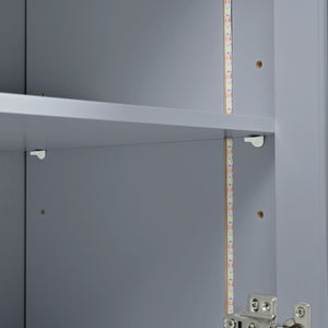 English Elm K&K Rolling Kitchen Island with LED Lighting, Power Outlets, Fluted Glass Doors and Mobile Storage Hub Grey-Blue WF316018AAG