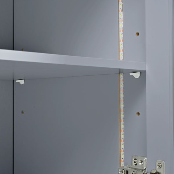 English Elm K&K Rolling Kitchen Island with LED Lighting, Power Outlets, Fluted Glass Doors and Mobile Storage Hub Grey-Blue WF316018AAG