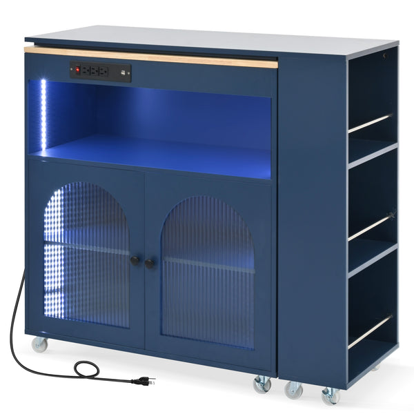 English Elm K&K Rolling Kitchen Island with LED Lighting, Power Outlets, Fluted Glass Doors and Mobile Storage Hub Navy Blue WF316018AAN