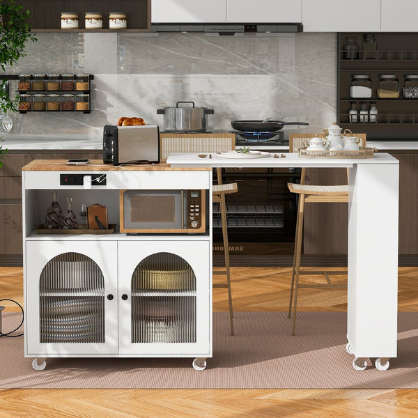 English Elm K&K Rolling Kitchen Island with LED Lighting, Power Outlets, Fluted Glass Doors and Mobile Storage Hub White WF316018AAW