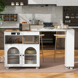 K&K Rolling Kitchen Island with Extended Table, Kitchen Island On Wheels with Led Lights, Power Outlets and 2 Fluted Glass Doors, Kitchen Island with a Storage Compartment and Side 3 Open Shelves, White